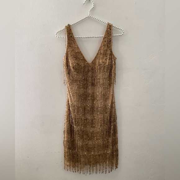 J Kara Shimmering Gold Fringe Mini Sexy Party Tassel Sequin Sleeveless  Dress - Picture 1 of 13